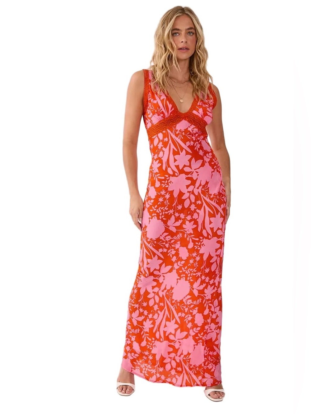 Nasty Gal Pink and Red Floral V-Neck Maxi Dress